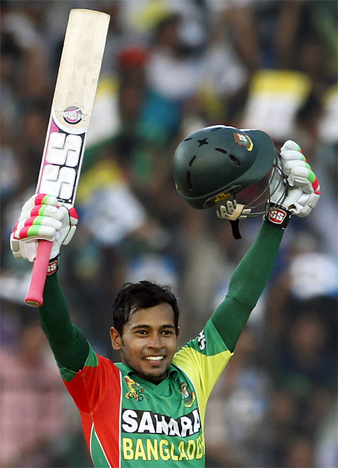 Bangladesh captain Mushfiqur Rahim celebrates after scoring a century against India
