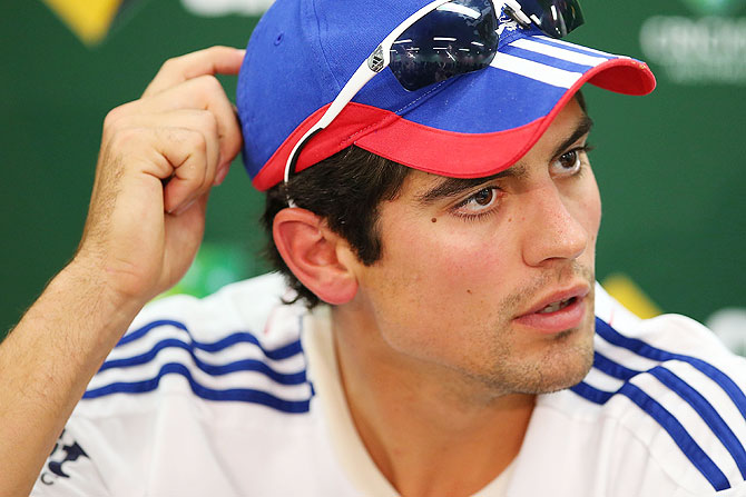 Alastair Cook of England addresses the media