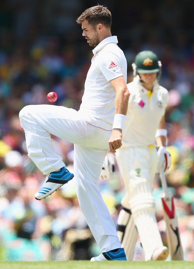 England bowler James Anderson controls the ball with his knee