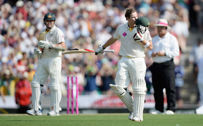 Steve Smith of Australia celebrates reaching his century