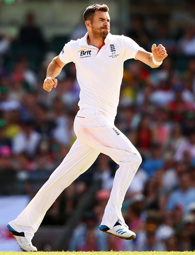 James Anderson of England celebrates taking the wicket of Shane Watson of Australia