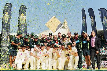 The Australian team celebrates after winning the Ashes series on Sunday