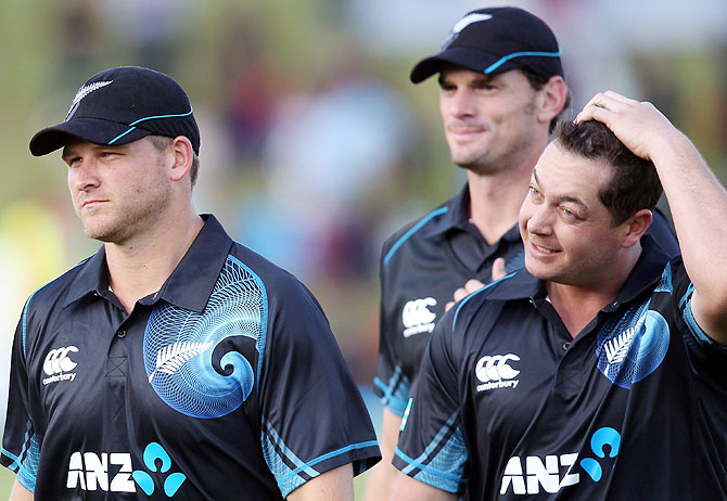 New Zealand players (Left to Right) Corey Anderson, Kyle MIlls and Jesse Ryder