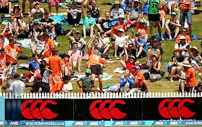 Michael Morton (centre) celebrates his one handed catch to win $100,000 during the 5th ODI between New Zealand and West Indies in Hamilton on Wednesday