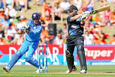Brendon McCullum of New Zealand is caught behind by MS Dhoni of India during their first One-Day International at McLean Park in Napier on Sunday