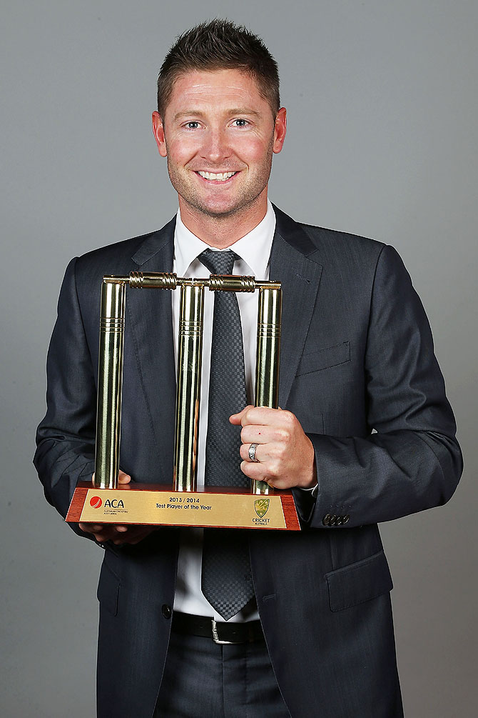 Australia captain Michael Clarke with the Test Player of the Year Award following the 2014 Allan Border Medal at Doltone House in Sydney on Monday