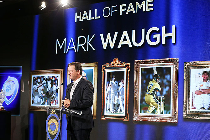 Mark Waugh speaks after being inducted into the Australian Cricket Hall of Fame during the 2014 Allan Border Medal at Doltone House in Sydney on Monday
