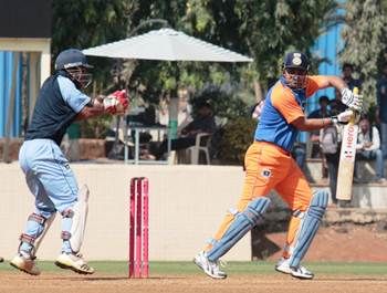 Virender Sehwag in action for Comptroller &Auditor General of India against Mumbai Customs, in the Dr D.Y. Patil T20 Cup.