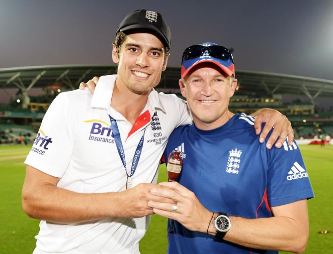 England captain Alastair Cook (left) with Andy Flower