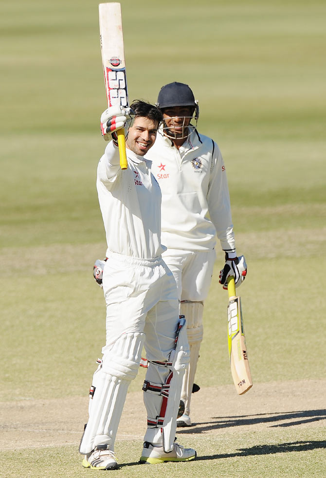 Naman Ojha of India 'A' celebrates scoring a double century during the Quadrangular Series match against Australia 'A' at the Allan Border Field in Brisbane on Monday