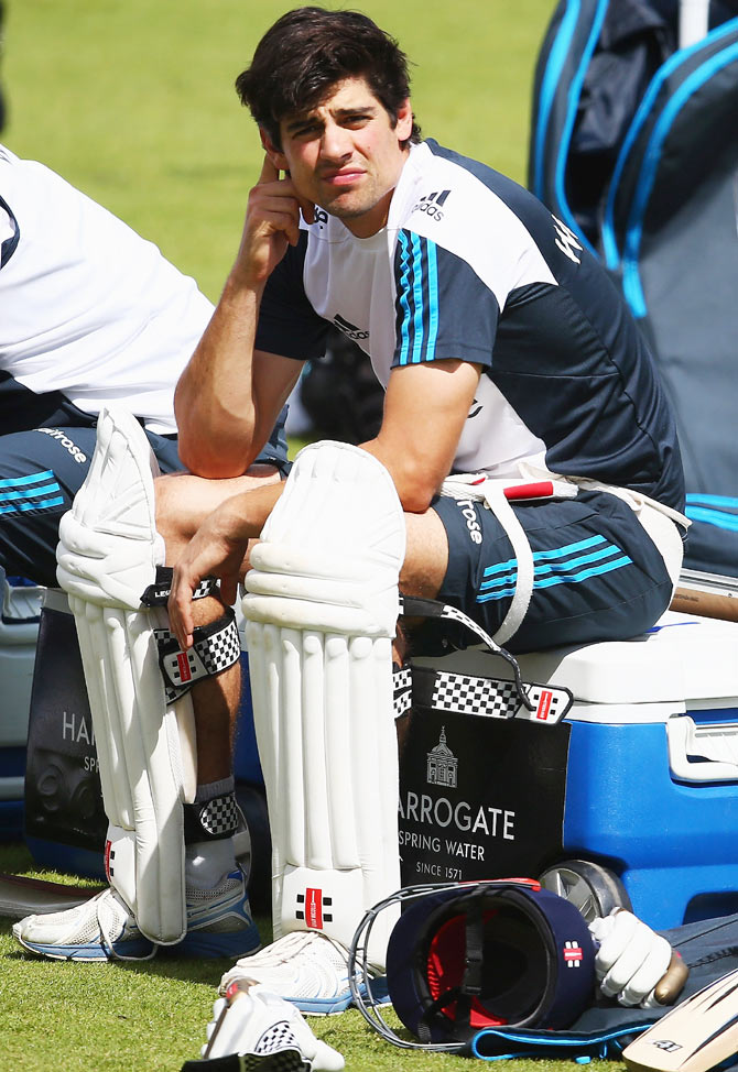 Captain Alastair Cook looks on during an England nets session at Trent Bridge in Nottingham on Monday