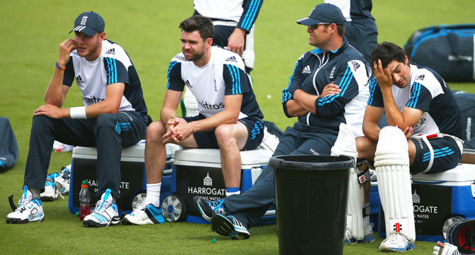 England's Stuart Broad, James Anderson and Alastair Cook during an England nets session on Monday