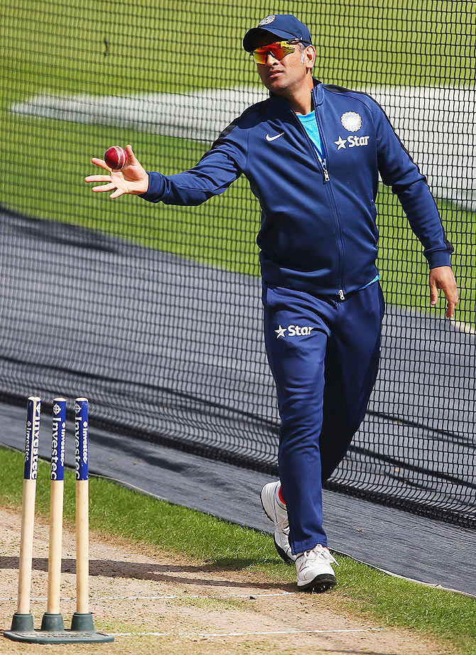 MS Dhoni of India in action during a India nets session at Trent Bridge on Monday