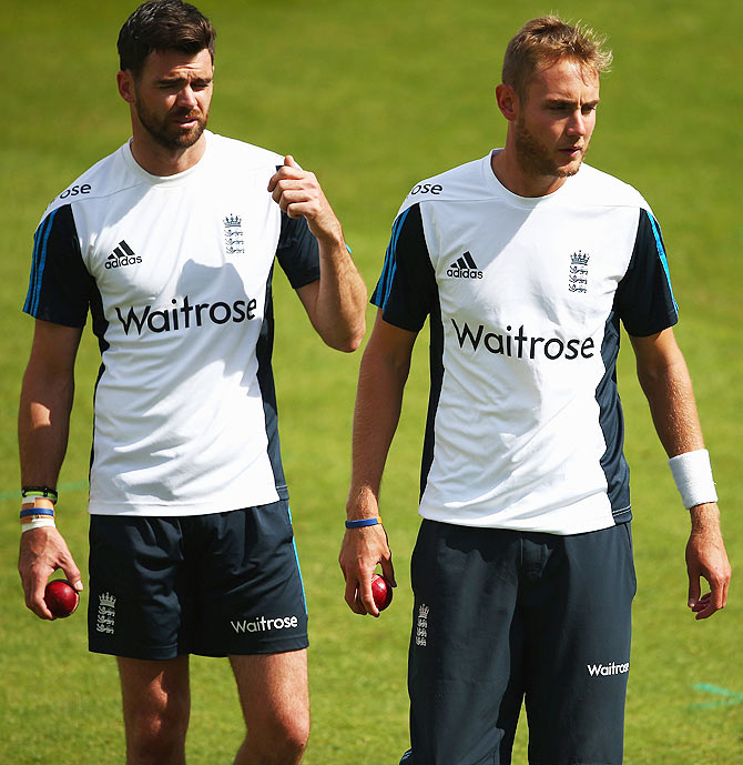 James Anderson and Stuart Broad of England look on during an England nets session on Tuesday