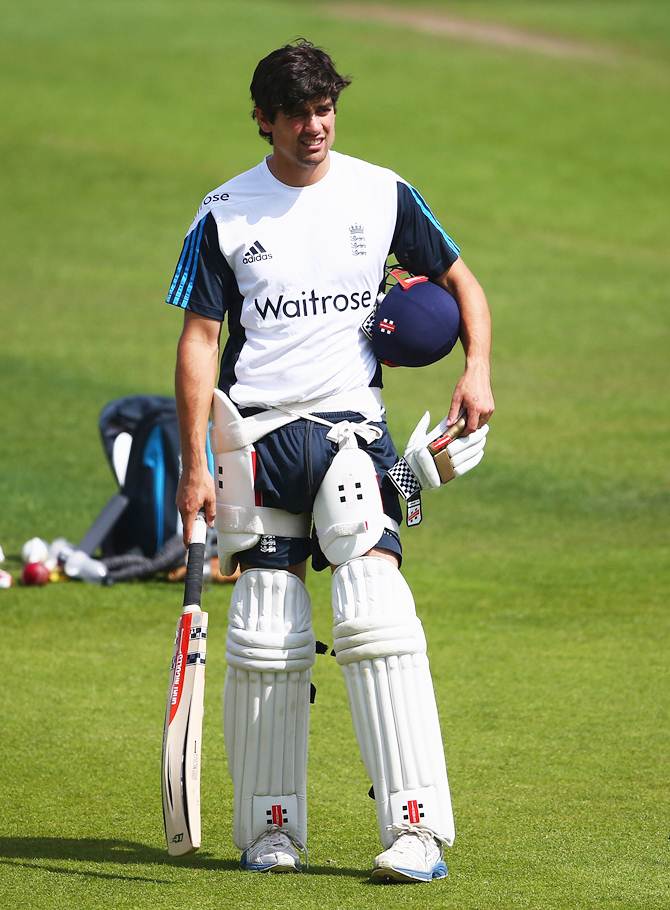 Alastair Cook looks on during an England nets session ahead of the first Investec Test at Trent Bridge