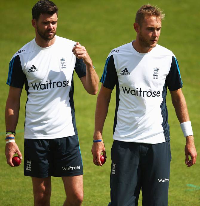 England pcaers James Anderson (left) and Stuart Broad during an England nets session ahead of the first Investec Test