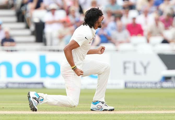 India pacer Ishant Sharma celebrates the wicket of Sam Robson of England during Day 3 of the first Test at Trent Bridge 