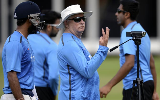 India's coach Duncan Fletcher gestures during a training session