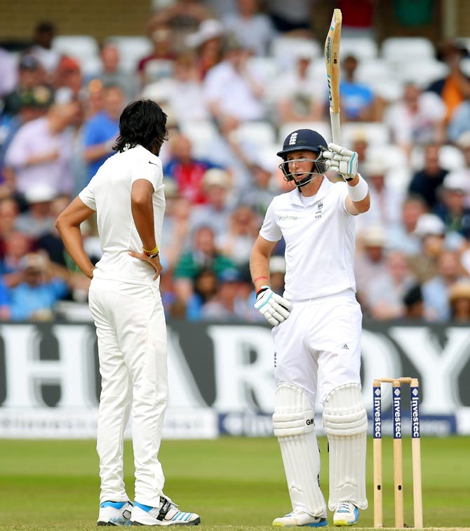 England batsman Joe Root (right) has words with India bowler Ishant Sharma