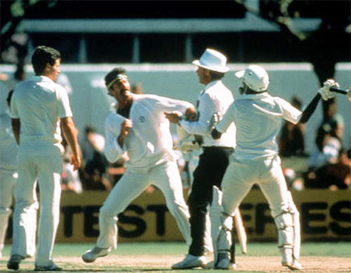Dennis Lillee and Javed Miandad get into a major scuffle as the umpire tries to diffuse the situation