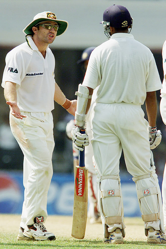 Australia's Michael Slater (left) argues with India's Rahul Dravid after his catch was dissallowed during the third day's play in the first Test at the Wankhede Stadium in Bombay March 1, 2001