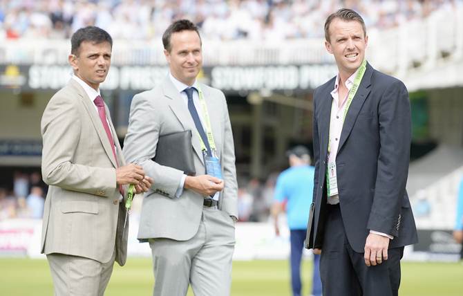 Rahul Dravid with former England players Michael Vaughan (centre) and Graeme Swann before the start of play on Day 1 of the second Investec Test between England and India at Lord's