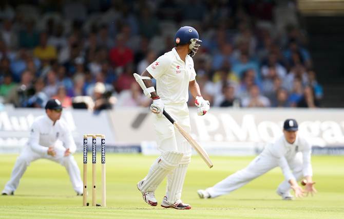 India opener Shikhar Dhawan is caught in the slips Gary Ballance during Day 1 of the second Test against England at Lord's Cricket Ground on Thursday.