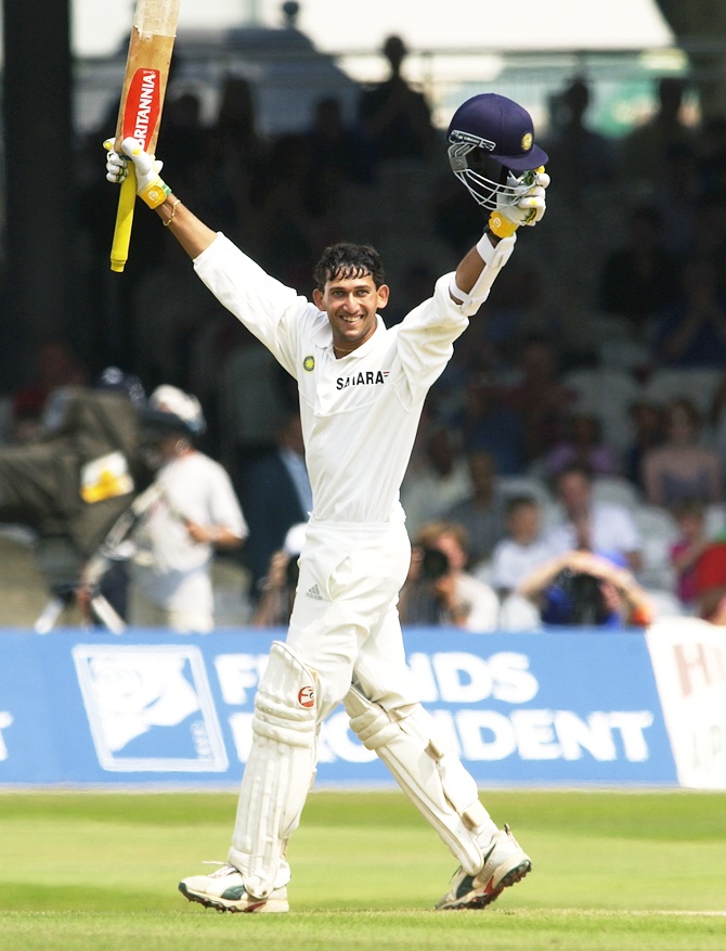 Ajit Agarkar celebrates getting his Test century at Lord's