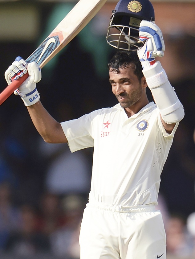 Ajinkya Rahane celebrates reaching his century during the second Test match against England at Lord's cricket ground