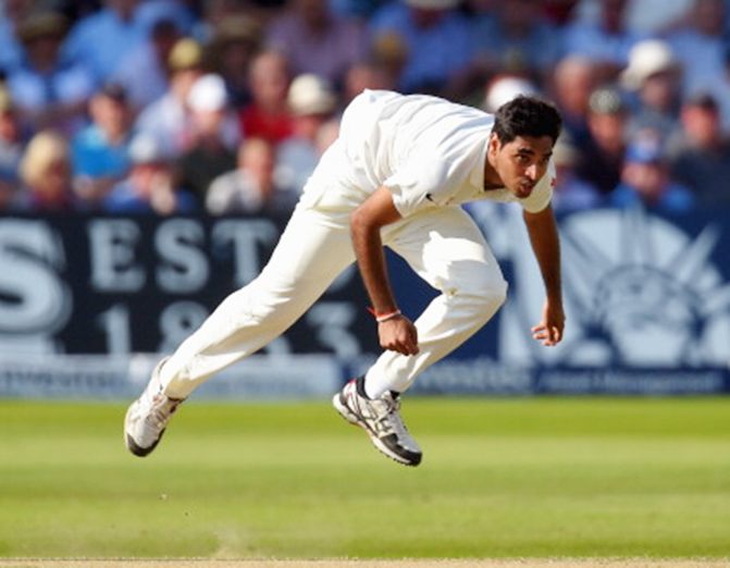 Bhuvneshwar Kumar in action during Day 2 of the first Test between England and India at Trent Bridge