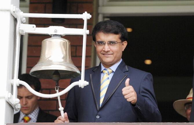 Former India captain Sourav Ganguly rings the five-minute bell ahead of Day 5 in the second Test between England and India at Lord's Cricket Ground.