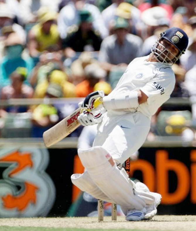 Sachin Tendulkar avoids a rising delivery from Brett Lee during the Third Test between Australia and India at the WACA on January 16, 2008.