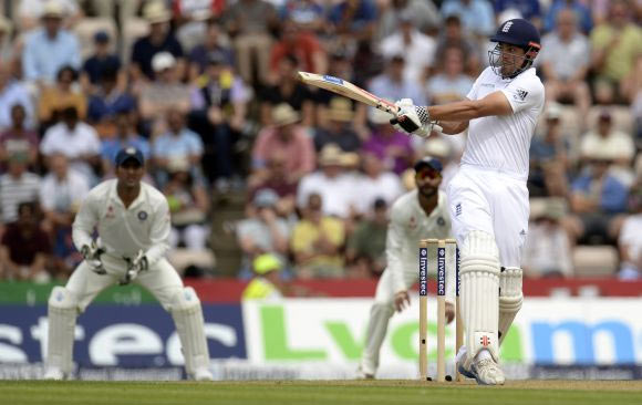 England's captain Alastair Cook hits out during the third cricket Test match against India