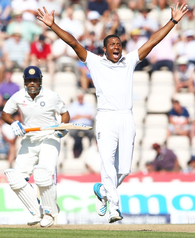 Chris Jordan of England makes an unsuccessful appeal for the wicket of MS Dhoni of India