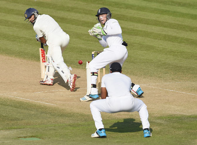 India batsman Shikhar Dhawan is caught by Chris Jordan during day four of the 3rd Investec Test match between England and India at Ageas Bowl on Wednesday