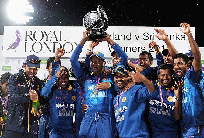 Sri Lanka celebrate winning the series after the Royal London One Day International match between England and Sri Lanka at Edgbaston in Birmingham, England on Tuesday