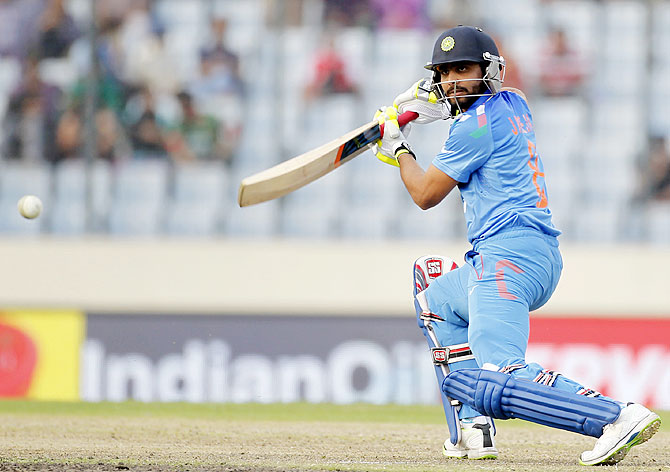 India's Ravindra Jadeja plays a shot against Pakistan on Sunday