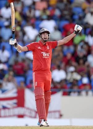 England captain Stuart Broad celebrates hitting the winning runs in the second One Day International against West Indies