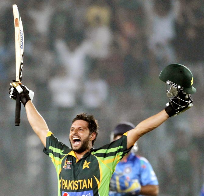 Pakistan's Shahid Afridi celebrates victory against India.