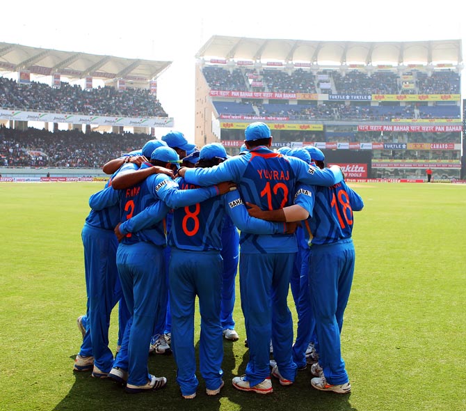 The Indian team in a huddle before the start of an ODI match