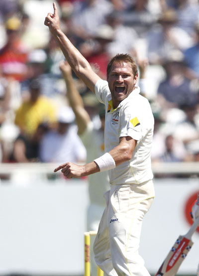 Australia's Ryan Harris celebrates taking a wicket in Newlands