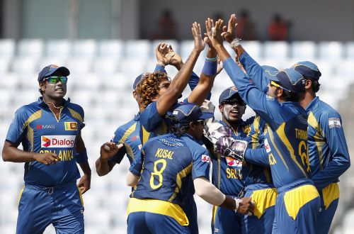 Sri Lanka's Lasith Malinga celebrates after picking up a wicket