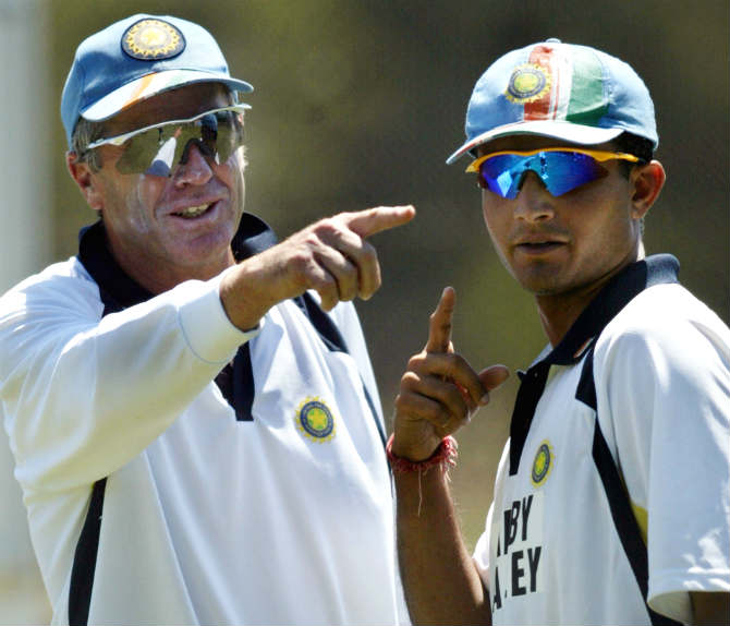Former India captain Sourav Ganguly (right) with John Wright