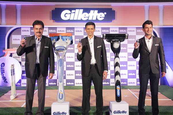 Cheteshwar Pujara (right) with former India batting icons Dilip Vengsarkar and Rahul Dravid (centre) at the launch of Gillette's first ever special edition India razors in Mumbai on Friday