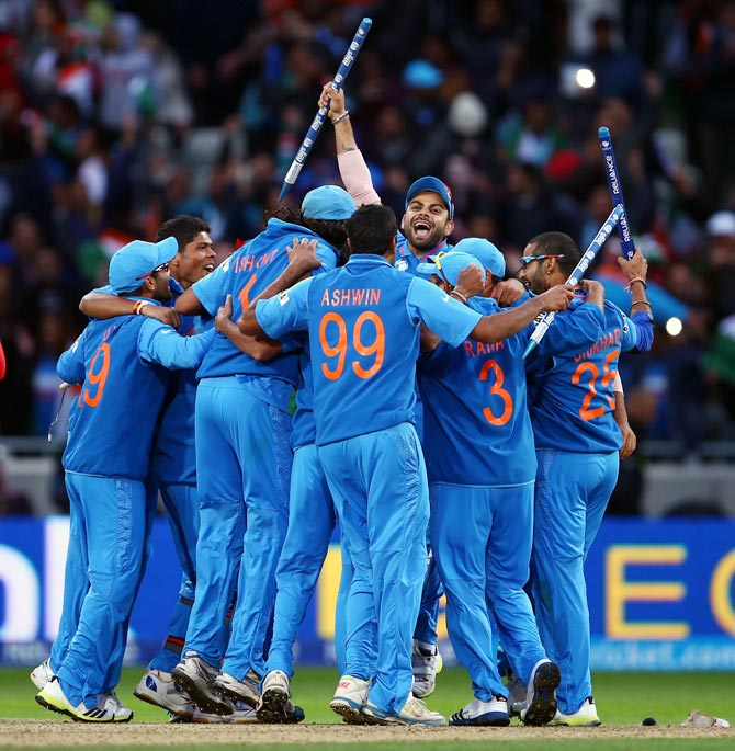 Team India celebrates after winning the ICC Champions Trophy in June 2013