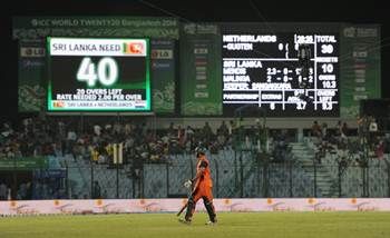 Ahsan Malik of the Netherlands leaves the field after his team was bowled out for 39 runs in the ICC World Twenty20 Bangladesh 2014 Group 1 match against Sri Lanka at the Zahur Ahmed Chowdhury Stadium.