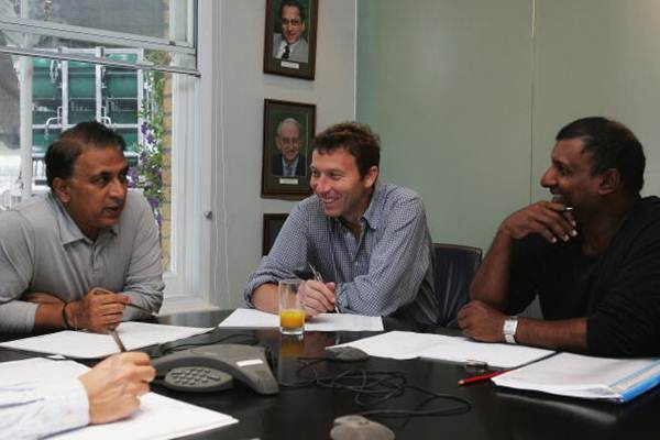Sunil Gavaskar, Michael Atherton of England and Aravinda de Silva of Sri Lanka discuss the selection of the ICC World XI players for the Johnnie Walker Super Series in Australia, at Lord's Cricket Ground on June 29, 2005.