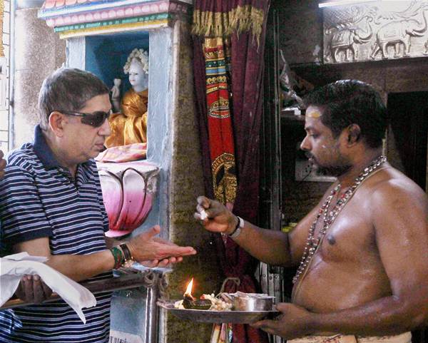 N Srinivasan at a temple in Chennai on Friday