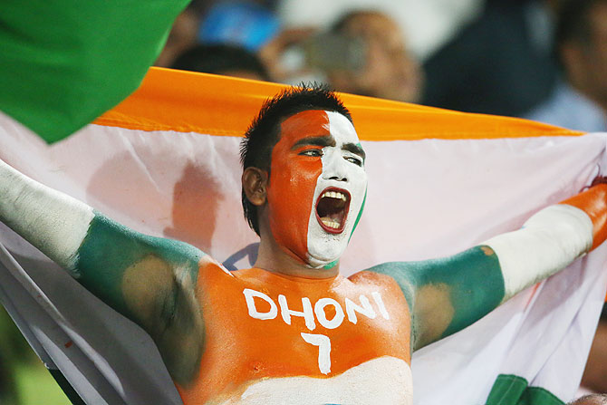 An Indian fan shows his support in the crowd during the ICC World Twenty20 Bangladesh 2014 match between West Indies and India at Sher-e-Bangla Mirpur Stadium on Friday