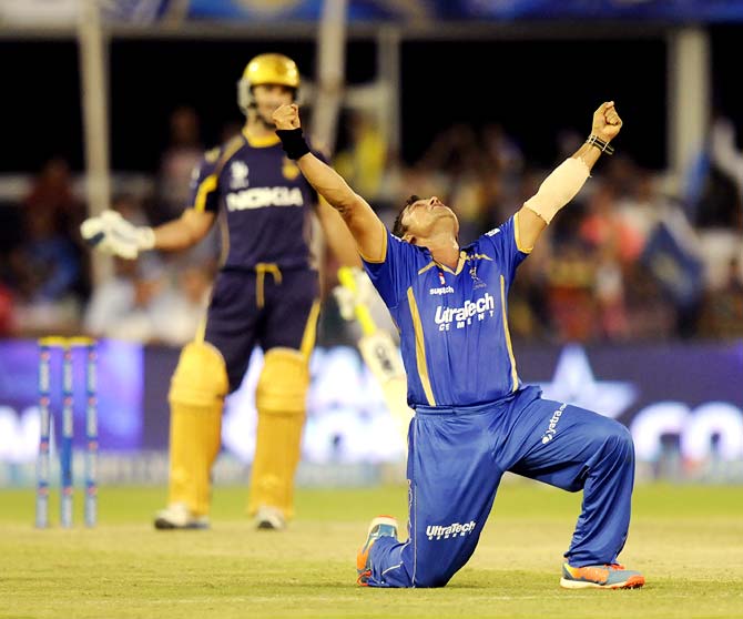 Pravin Tambe celebrates after taking the wicket of Ryan ten Doeschate to complete his hat-trick